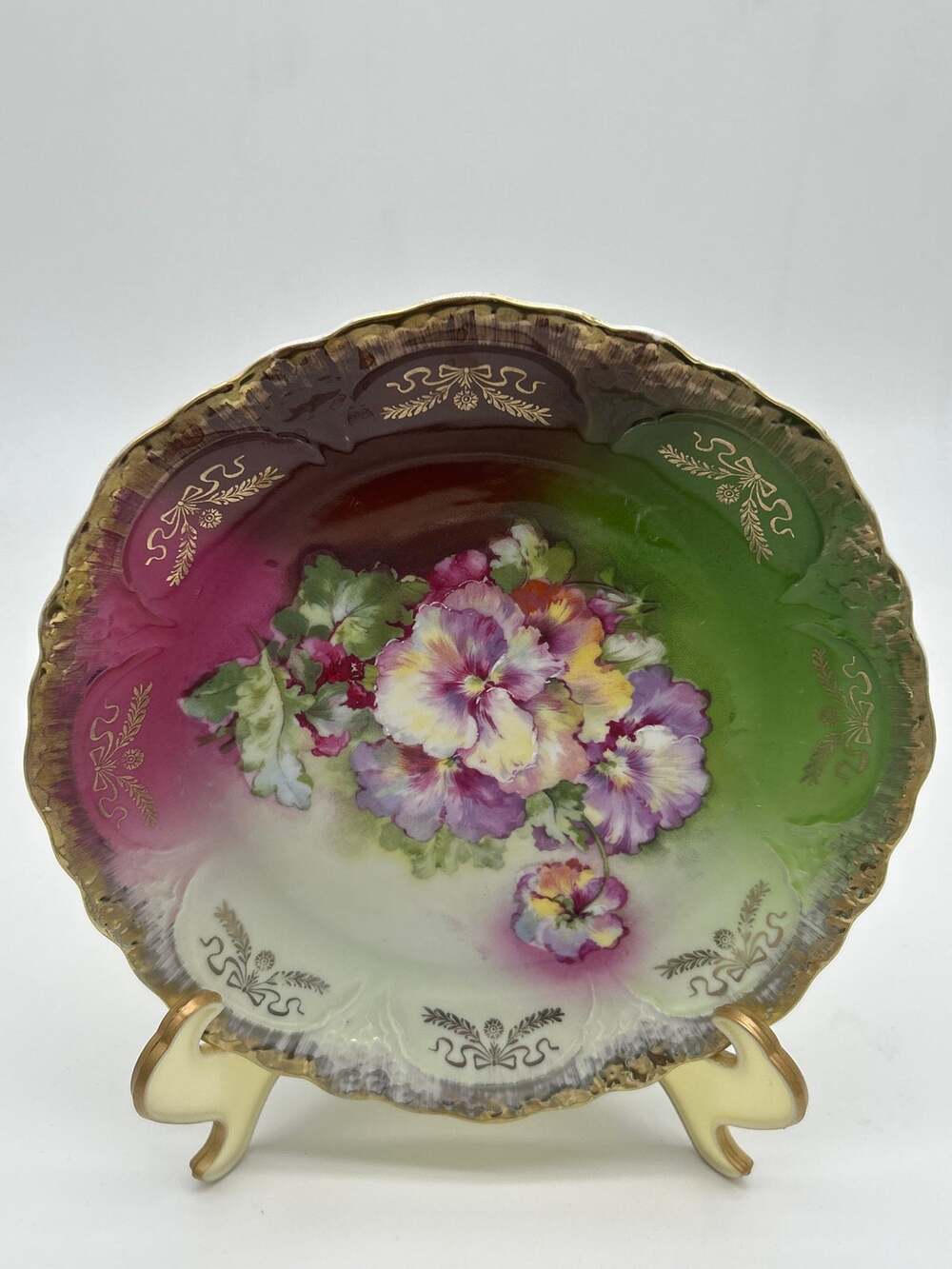 Vintage Floral Porcelain Plate 9” Scalloped Gold Gilt Decorative Green Romantic